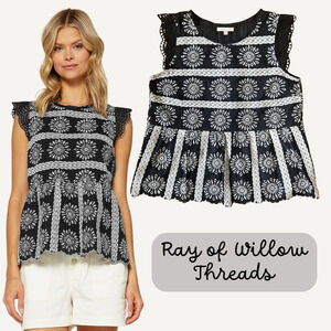 Skies Are Blue Top Womens M Black White Embroidered Crochet Trim Boho Festival